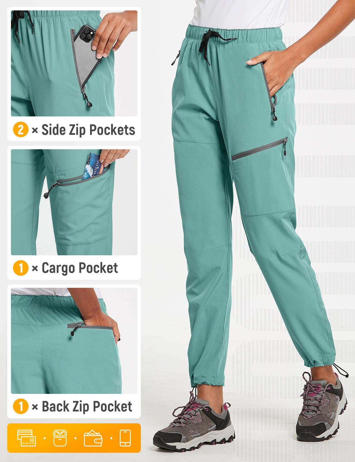 baleaf Cargo Pants for Women Petite Joggers Lightweight Quick Dry Pant Water Resistant 27'' Travel Workout Athletic Trip 27''-Pond XL