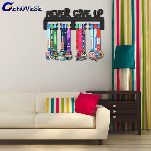 GENOVESE Medal Holder Display Hanger Rack,Black Never Give Up,Sturdy Steel Metal,Wall Mounted Race Medals-30cm