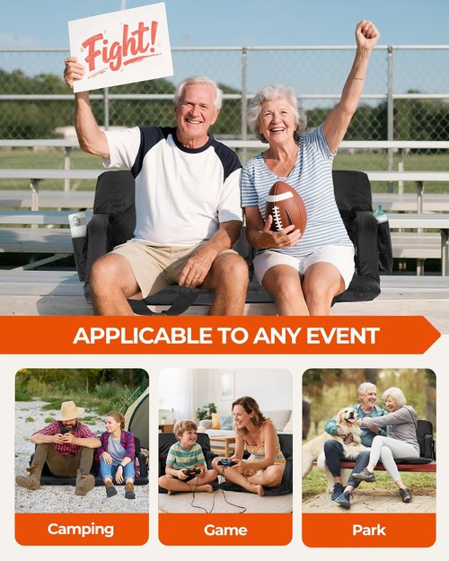 Sportneer Bleacher Chairs with Back and Cushion: 2.5'' Thick Comfy Cushion 24'' Extra Wide Stadium Seats with Armrest, 6 Adjustable Angle Bleacher Seat for Sport Events Concerts Parks Camping Fishing