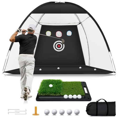 Golf Net: 10x7ft Golf Hitting Practice Net for Indoor & Outdoor Use with Heavy-Duty Base Dual-Turf Mat, Chipping Swing Training Mult-Target Nets for Backyard Driving, Gifts for Men Dad Husband Golfers