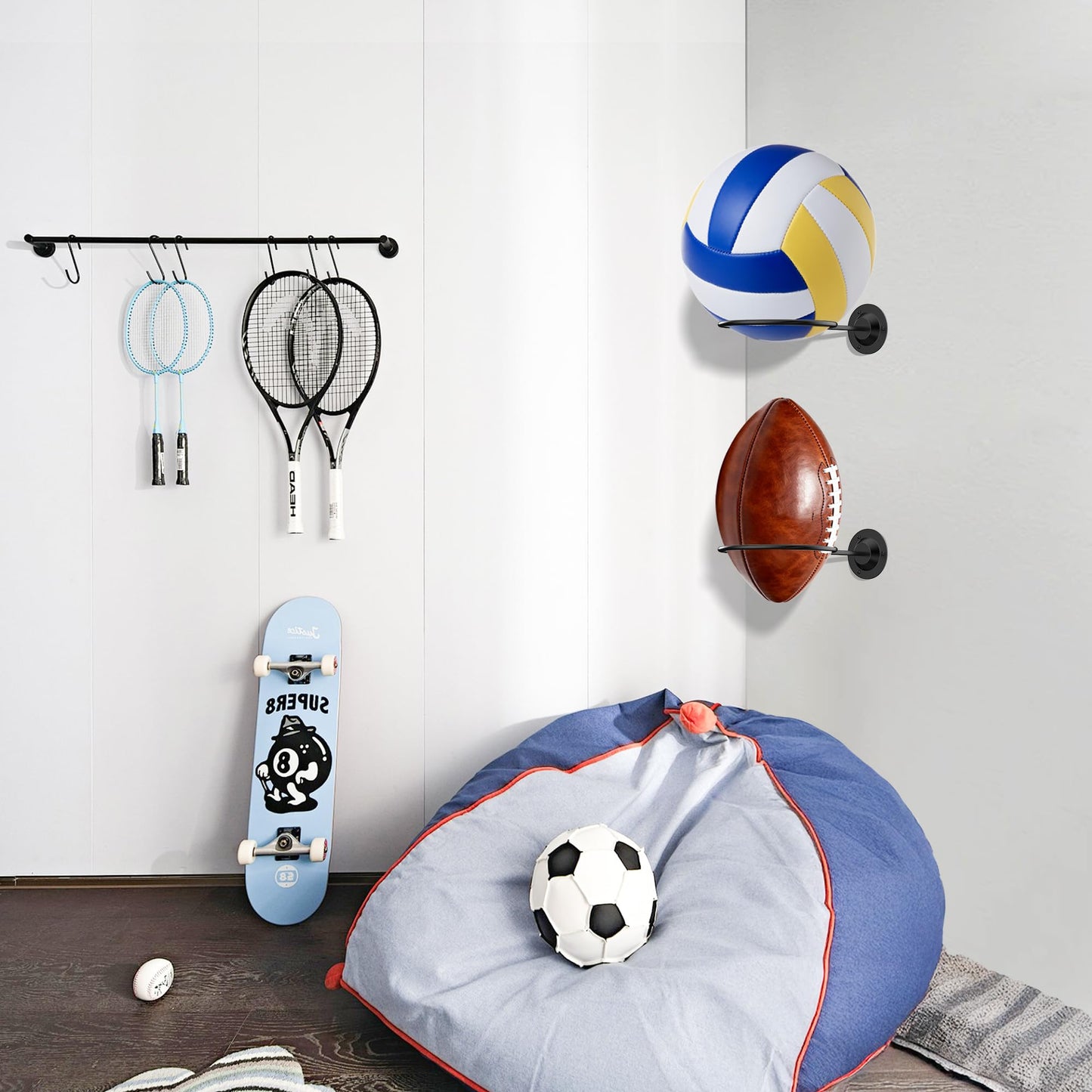 S SUCHEK Basketball Holder Wall Mount, Ball Holder Wall Mount, Ball Display Wall Storage for Basketball, Soccer Ball, Volleyball, Football, Rugby(4 Pieces, Black)