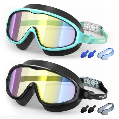 VegoVia 2 Pack Swim Goggles for Kids 6-14, Swimming Pool Goggles for Kids 8-14, Anti-Fog UV Protection for Toddler Youth Teens Boys Girls 6-14, 180°Wide View No Leaking for Pool Beach