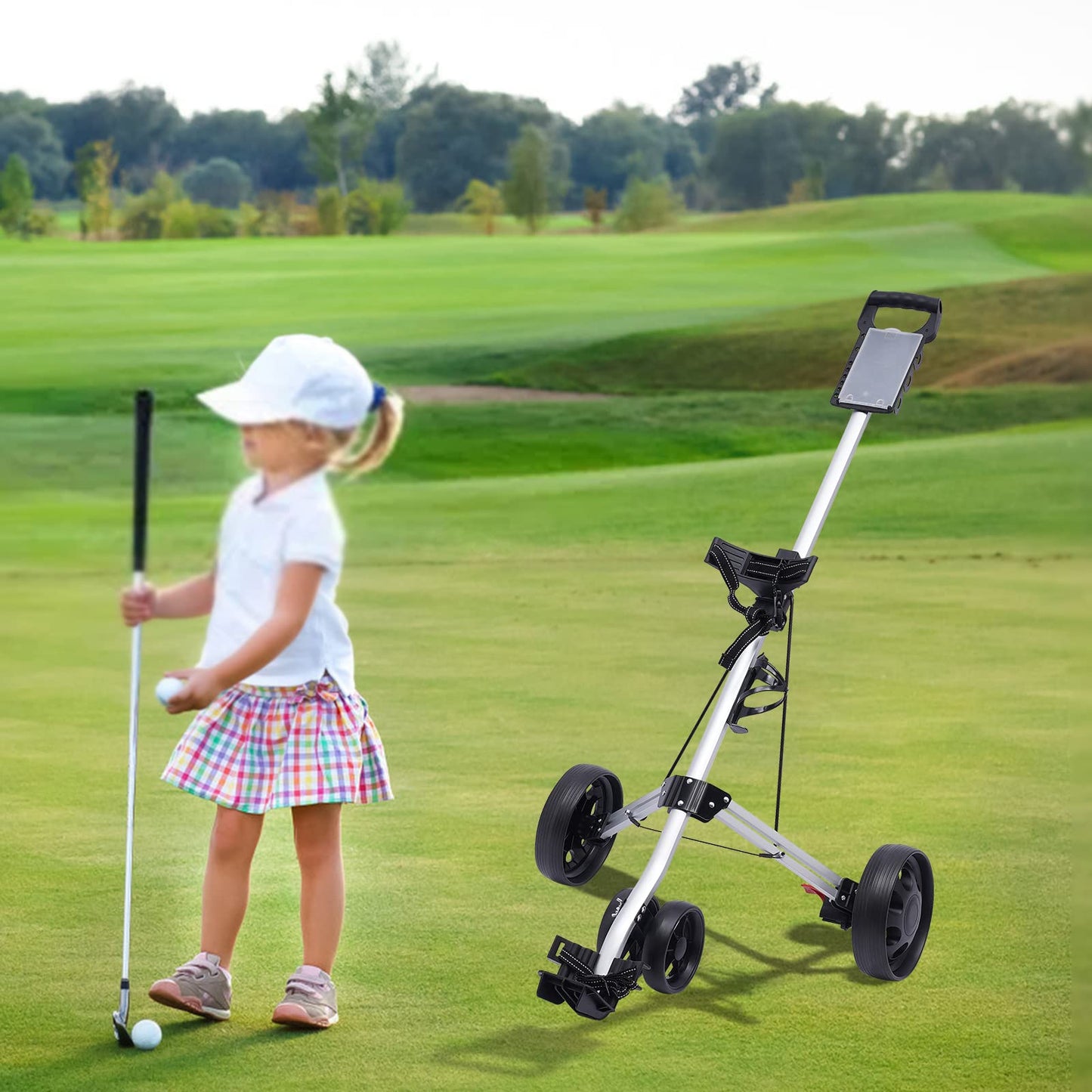 IOUSSJC Golf Push Carp, Golf Push Cart 3 Wheel, Folding Golf Cart for Most Teenagers and Adults As Well As Golf Courses, Gyms, Schools, Adjustable Straps