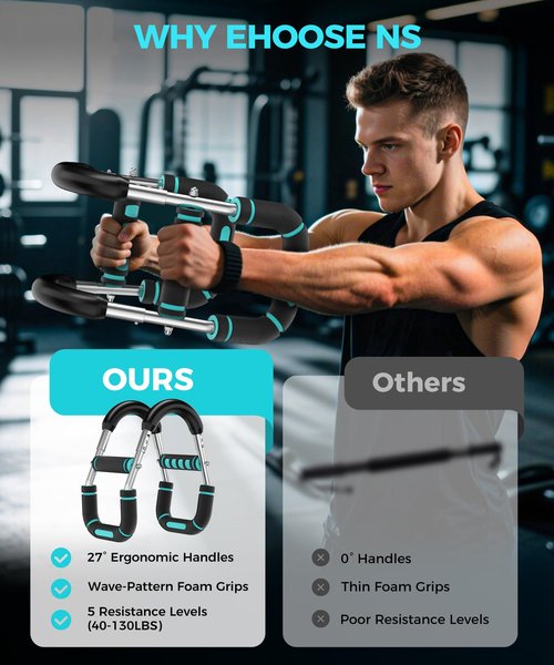RENRUI Twister Arm Trainer, Adjustable 5 Resistance Levels (40-130 lbs) Chest & Arm Workout Equipment for Men & Women, Ergonomic Home Gym Strength Trainer with Anti-Slip Handles & Carry Bag (Blue)