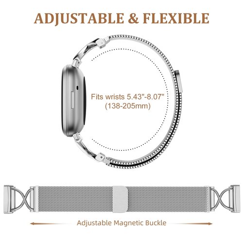 JKD Metal Bands Compatible with Fitbit Versa 4/Sense 2 Bands Women Men, X-Shape Stainless Steel Soft Mesh Loop Strap for Fitbit Sense/Versa 3 Smartwatch, Silver