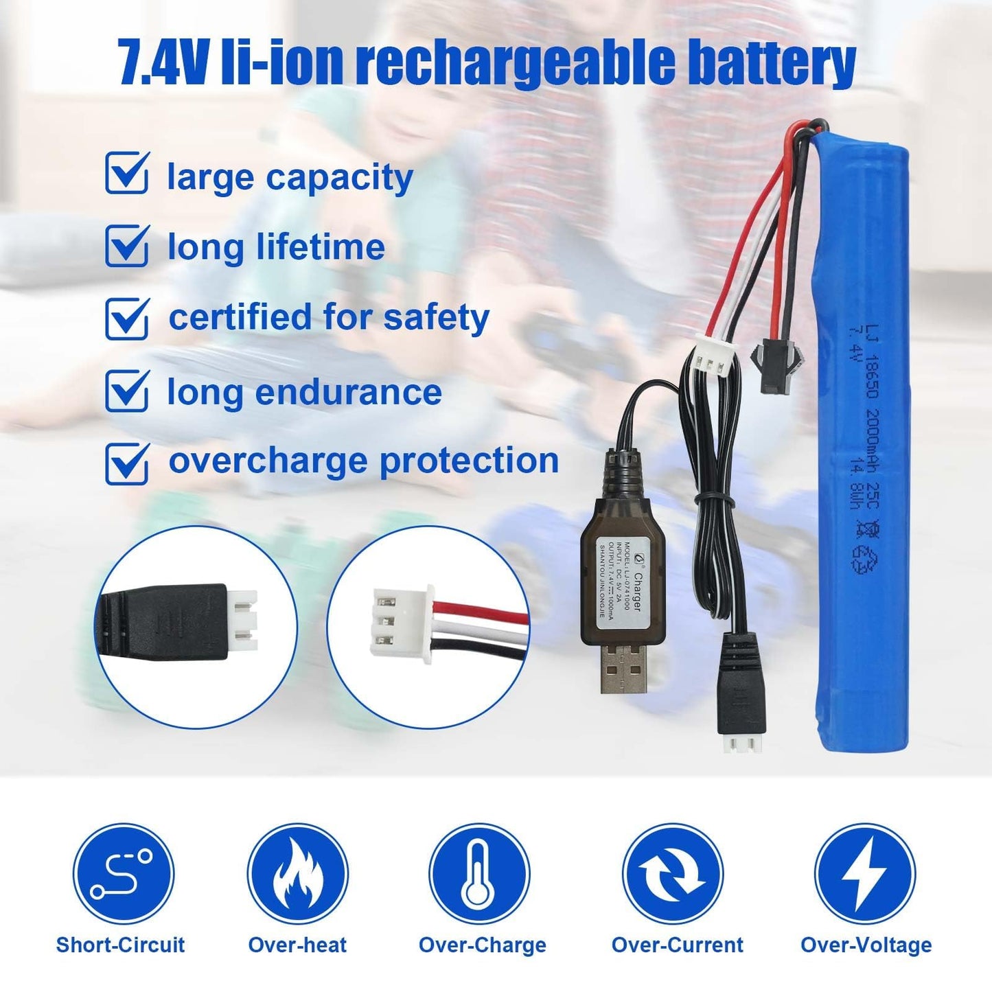 2 Pack 7.4V Batteries 2000mAh for SRB1200 400 400-SUB MP5K M4 M110 for Hobby Remote App Controlled Vehicle Water Bead Blaster Airsoft Gun