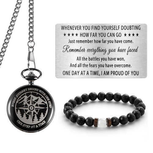 Sobriety Gift for Men Women Sober Gifts One Step at A Time Gifts Pocket Compass Black Beaded Bracelets Sobriety Cards Alcoholics Anonymous Milestone AA NA Recovery Addiction Gifts