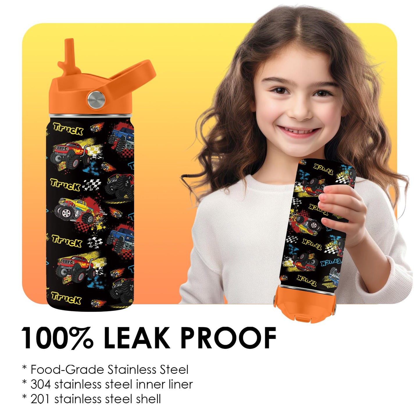 Monster Truck Gifts for Kids, 16oz Boys Water Bottle with Straw Lid, Stainless Steel Insulated Cup, BPA-Free, Leak Proof Kids Water Bottle for Monster Truck Fans, School Travel Birthday Gift (1pc)
