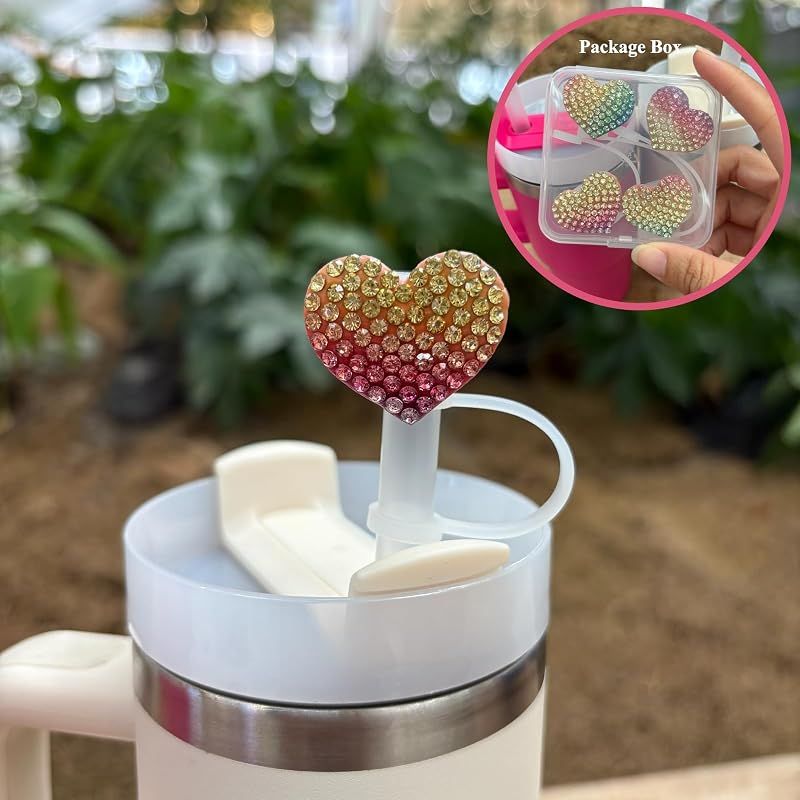 Rhinestone Heart Straw Toppers – Rainbow Sparkle 4-Pack (Hearts) – 8-10mm Universal Fit
