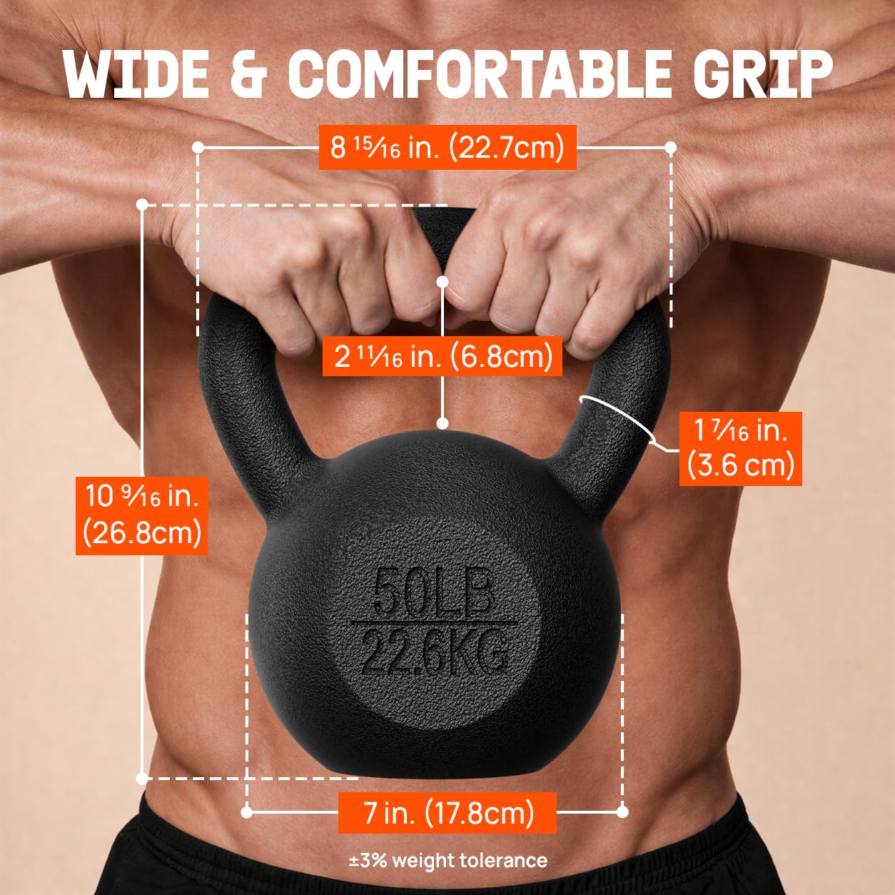 Yes4All Cast Iron Kettlebell, 5-80 Lb Built to Last One-Piece Design, Comfortable 1–2 Hand Grip for Swings, Squats, Deadlifts & Snatches, Stable Flat Base, Single & Pair - 50LB, Single