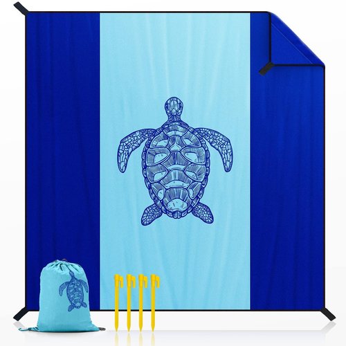 LinaLife 79"x83" beach blanket waterproof sandproof Adults Oversized Lightweight Large Picnic Mat for Travel Camping Hiking Picnic quick drying Sea Turtle Design Anchor Stakes and Compact Travel Bag