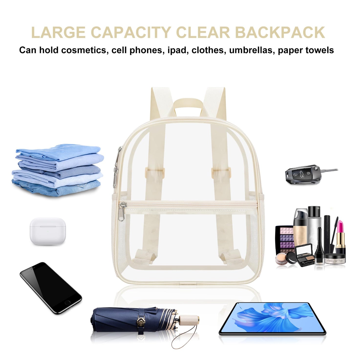 Oraben Clear Backpack Stadium Approved, Celar Bag 12 x 6 x 11 in, Small Transparent Backpack for Concerts, Sports Events, Festivals, Travel, Waterproof, Adjustable Straps