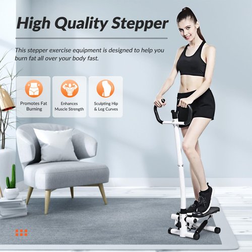 ALSO GO Exercise Stepper Machine with LCD Display Monitor for Home Gym, Portable Stair Stepper Health Fitness Machine Workout Equippment with Handle and Resistance Bands, White