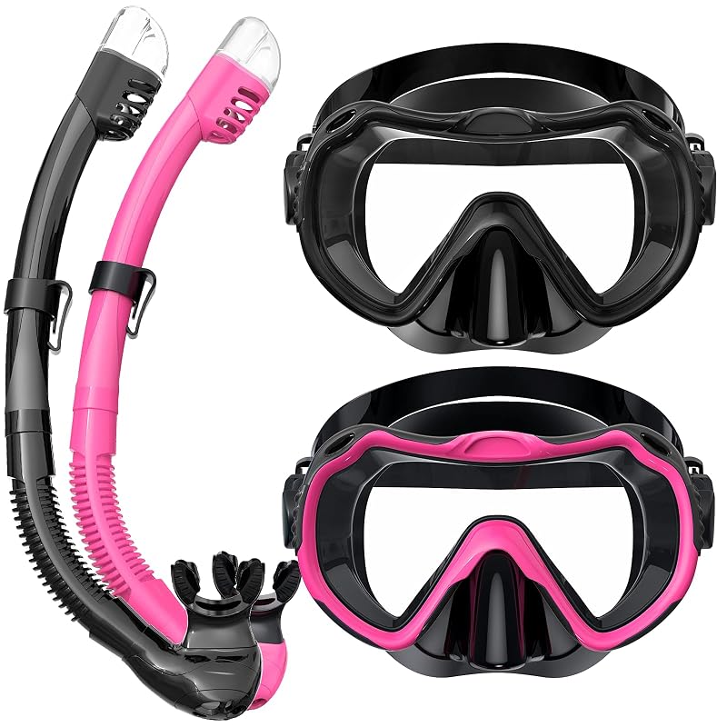 Diving Snorkel Mask Set 180° Vision Dry Top Anti-Fog Anti-Leak for Adults - Black Pink Variation