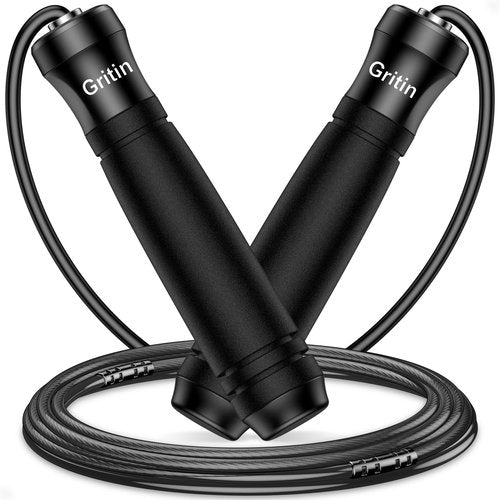 Gritin Skipping Rope for Adults, 3M Speed Jump Rope Adjustable Cord with Scale Marking & Rapid Ball Bearings, Soft Foam Handle Tangle-free for Workouts Fat Burning- Length Adjuster Included-Black