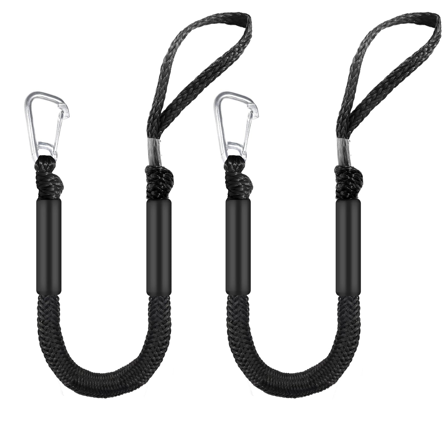 2.5ft Black Bungee Dock Line with Stainless Steel Hook - Heavy-Duty No-Knot Mooring Rope for Jet Ski, Kayak, PWC | Boat Fender Lines to Hang Bumpers (Stretches to 3.5ft), Pack of 2