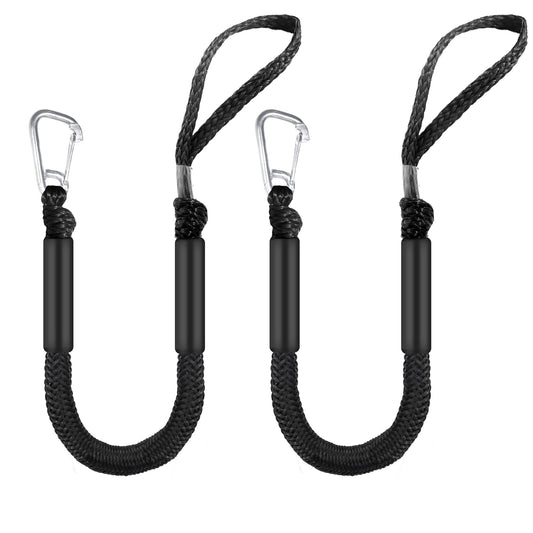 2.5ft Black Bungee Dock Line with Stainless Steel Hook - Heavy-Duty No-Knot Mooring Rope for Jet Ski, Kayak, PWC | Boat Fender Lines to Hang Bumpers (Stretches to 3.5ft), Pack of 2