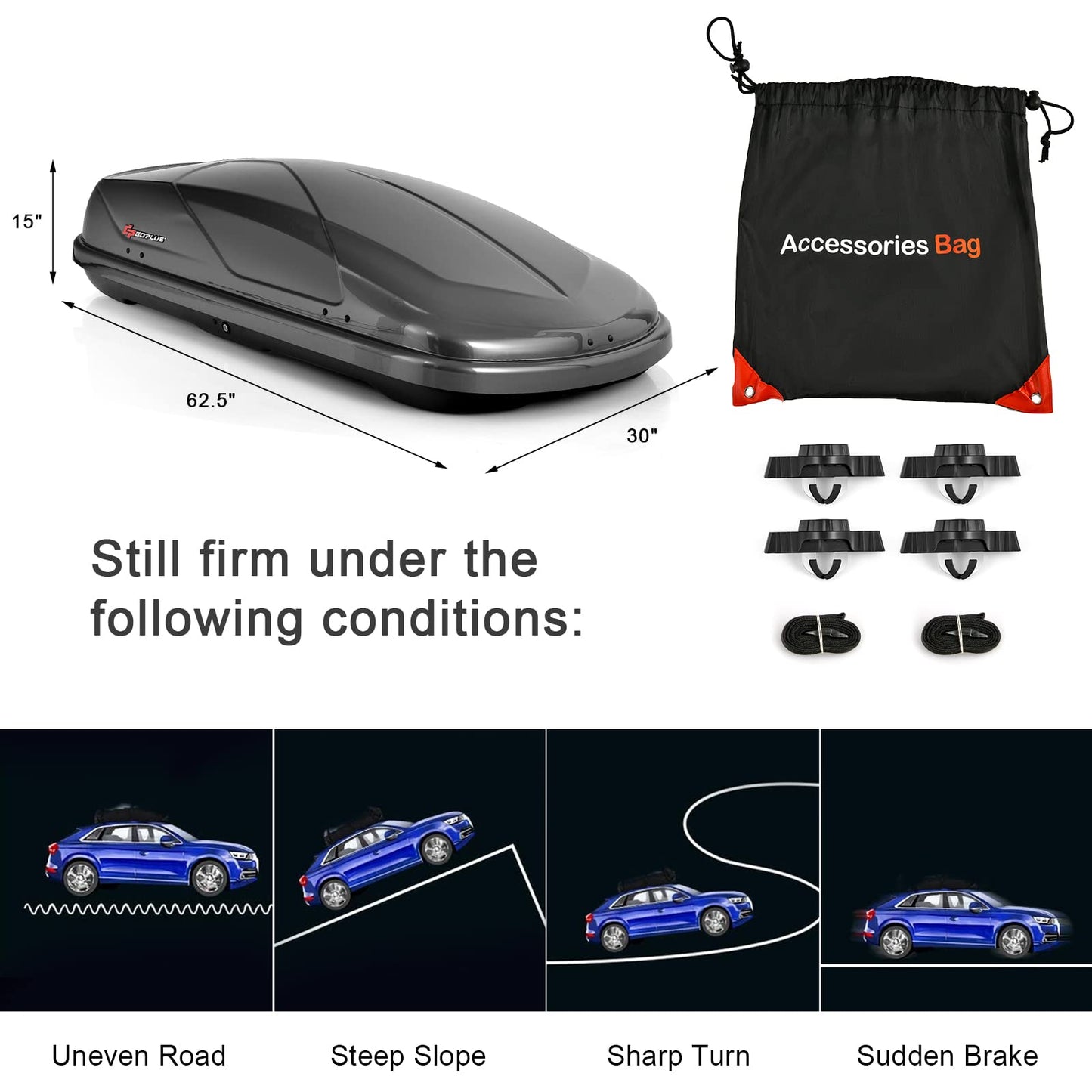 Goplus Rooftop Cargo Carrier Hard Shell, 14 Cubic Feet Waterproof Car Roof Cargo Carrier w/Dual Side Opening, Security Key, 165LBS Capacity, for 17” to 22.8” Wide Crossbar Rack, Vehicle Cargo Box