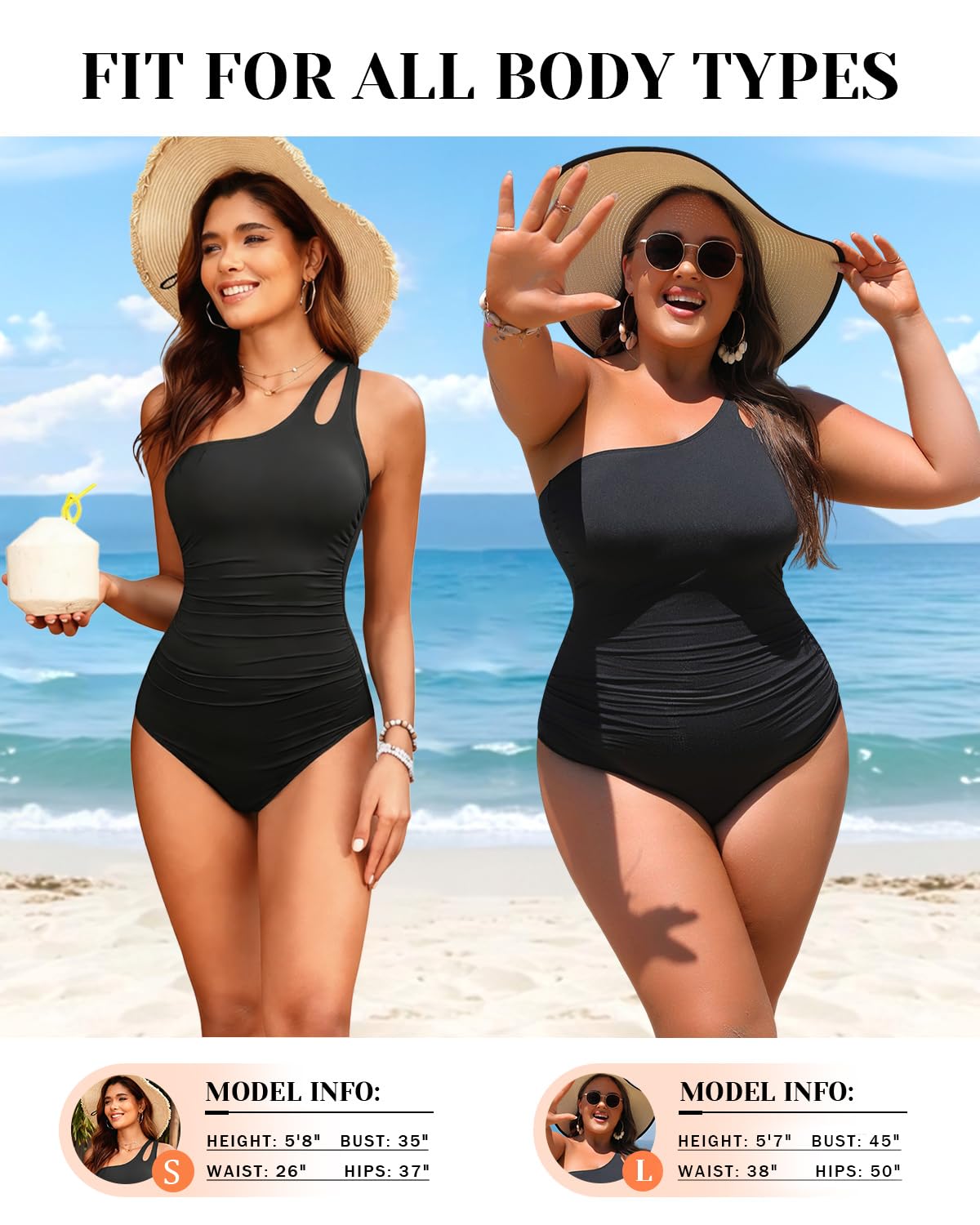 Holipick One Shoulder One Piece Swimsuit for Women Tummy Control Bathing Suits Modest Full Coverage Keyhole Swimwear Black