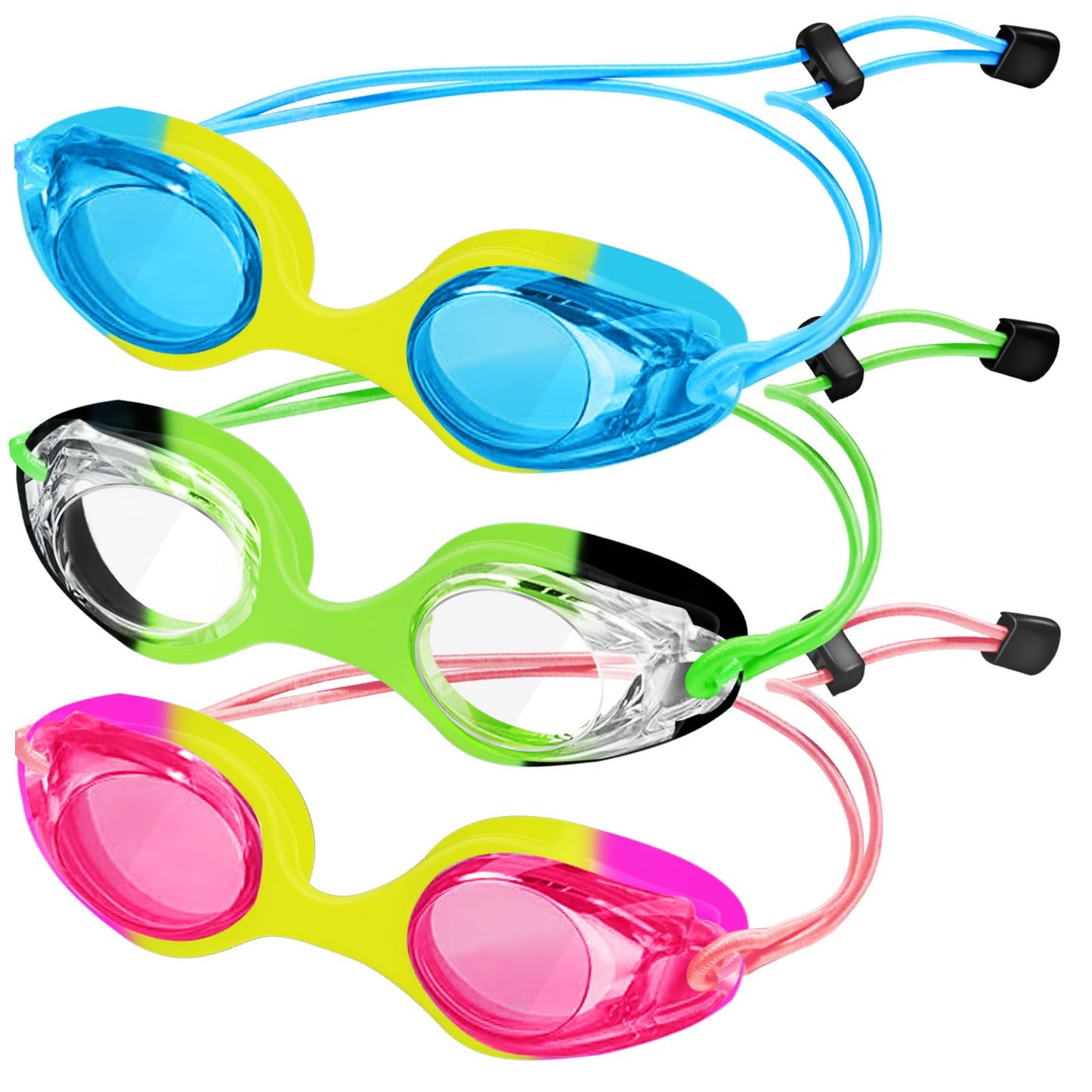 XDX Kids Swim Goggles, 3 Pack Swim Goggles with Adjust Bungee Strap, No Leaking Anti Fog Kids Goggles for Boys Girls Age 3-14