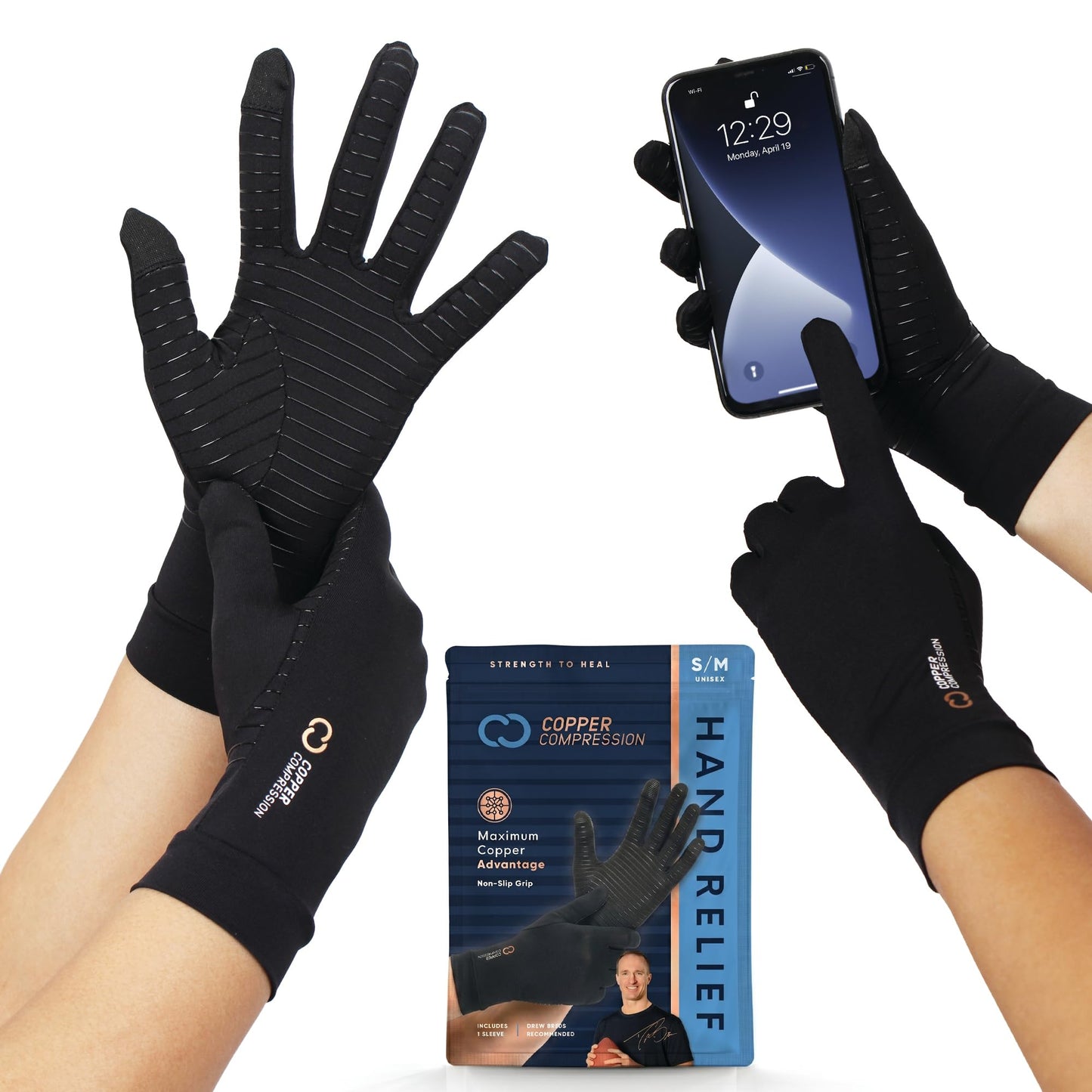 Copper Compression Full Finger Arthritis Gloves - Palm Grips - Touch Screen Fingertips - Compression Support for Carpal Tunnel, Pain Relief, Tendonitis - Fits Men & Women - 1 Pair - M