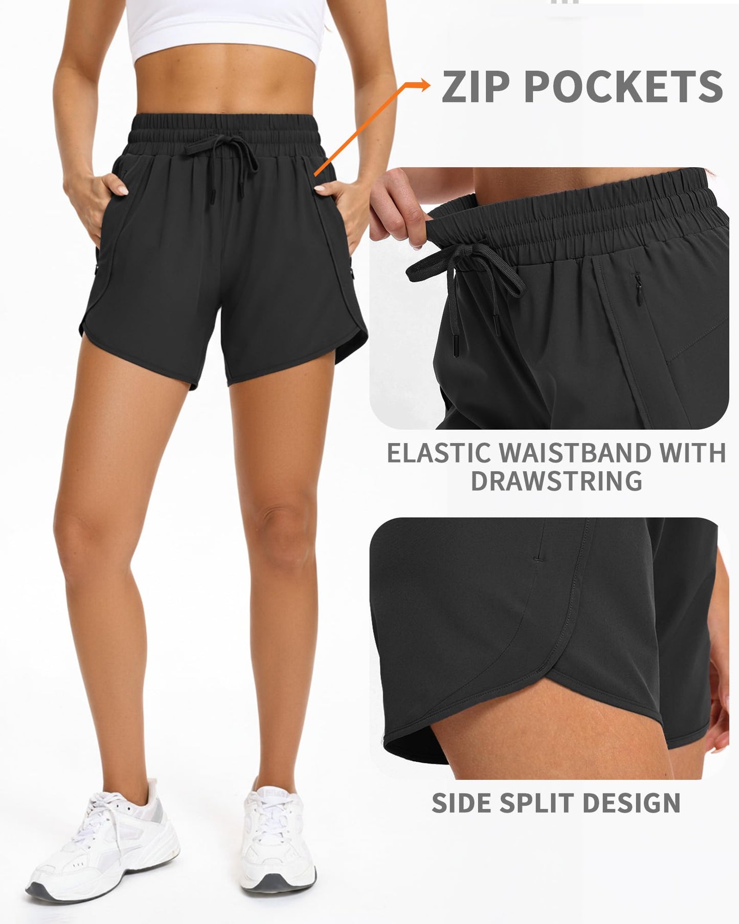 FLEFRM Athletic Shorts for Women with Zip Pockets, 5 Inch Inseam Running Shorts Gym Workout Elastic High Waist Adjustable Drawstring Quick Dry Lightweight Waterproof Good for Active Women, Black, M