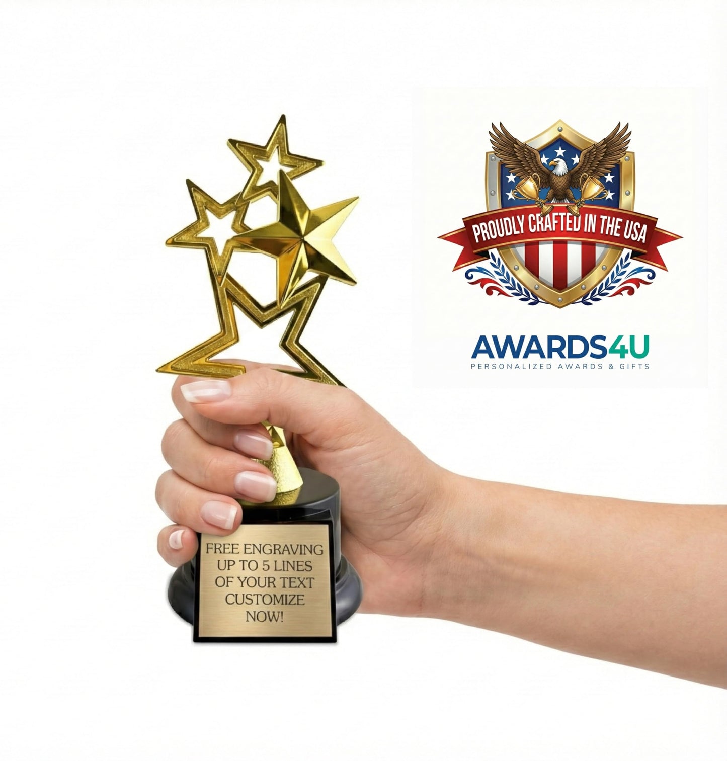Awards4U Gold Star Custom Trophy - 7.5 Inches Tall Rising Star Trophy Award with Customizable Engraved Plate - Personalized Star Trophies for Employee of the Month Recognition or Fantasy Football