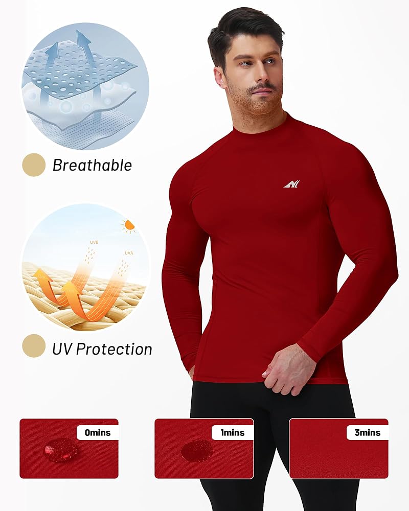 Nakuvara Men's Compression Mock Neck Base Layer Shirt, UPF 50+ Long Sleeve, Red Large