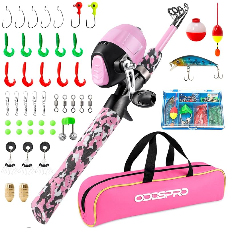 ODDSPRO Kids Telescopic Fishing Pole & Spincast Reel Kit - Pink, 4.92 ft Variation