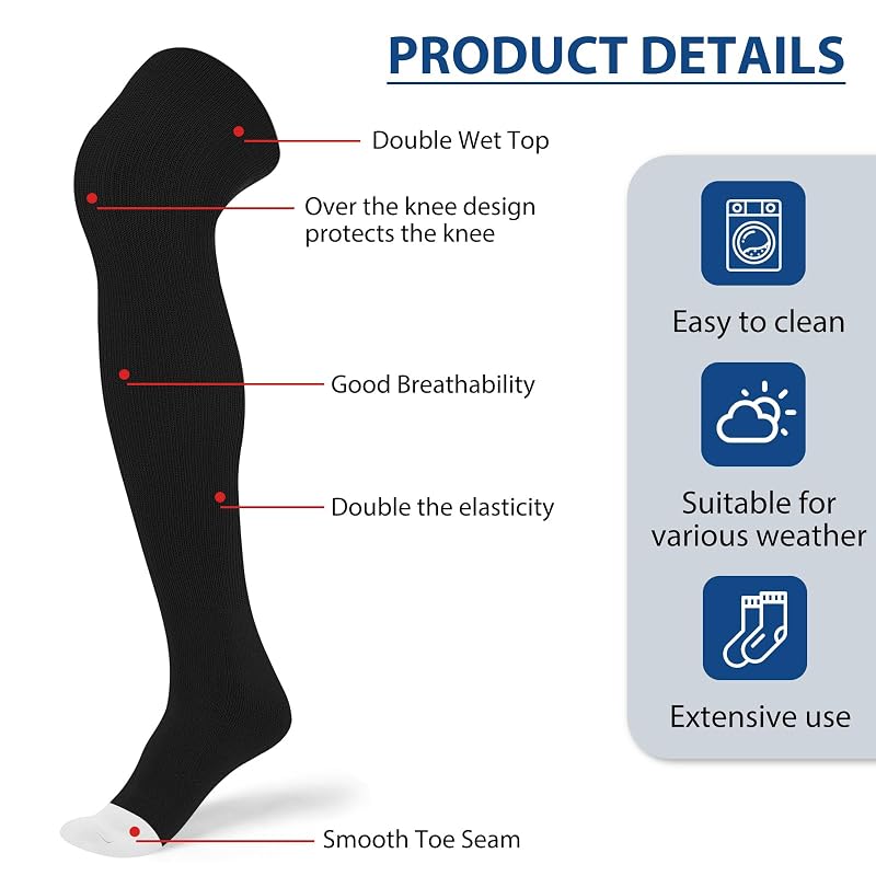 Two Pair Over-the-Knee Soccer Football Baseball Socks - Black, Large