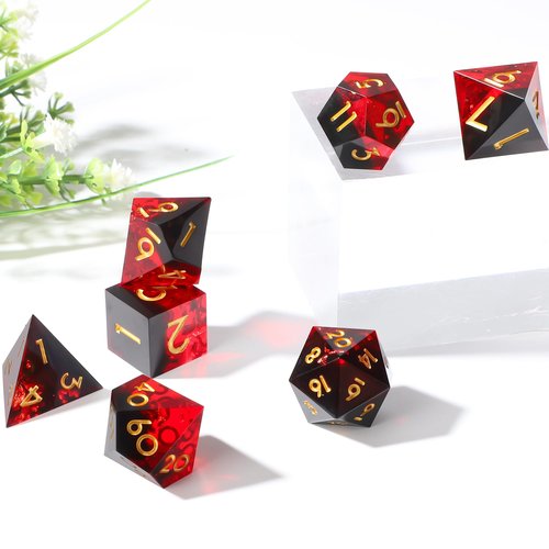FateStone Sharp Resin Balanced Dice Set, Handmade 7 pcs D&D dice with Gift Box for Dungeons and Dragon Game（(Red-A)