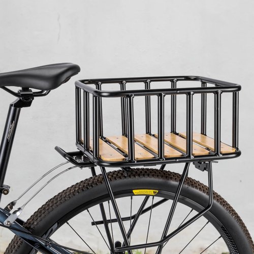 CXWXC Rear Bike Basket - Large Bicycle Rear Basket with Cargo Net and Waterproof Cover, Wooden Base Baskets Rear Large Capacity