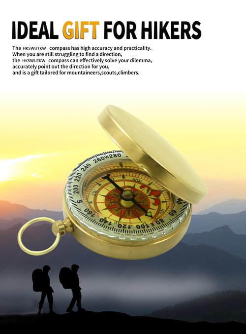 HKSWUTKW Brass Waterproof Golden Keychain Compass - Vintage Antique Design for Kids, Boy Scouts & Hiking - Survival Orienteering & Navigation Gear