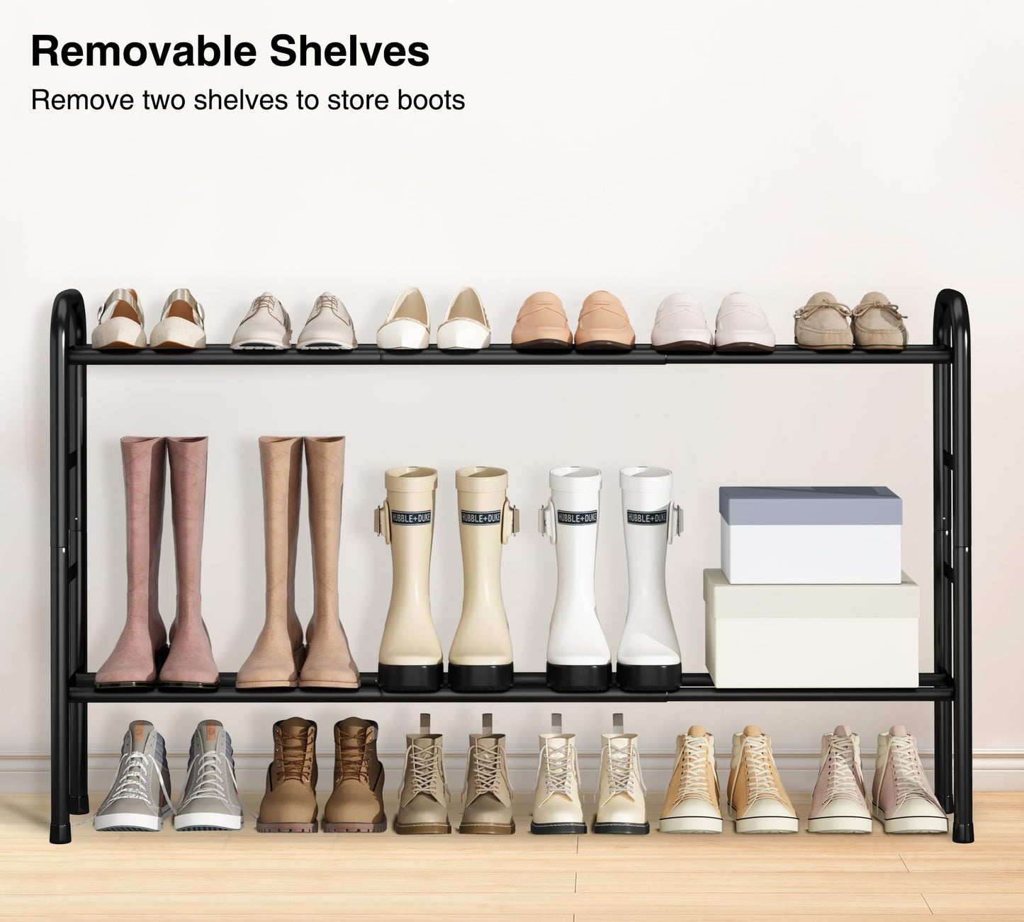 STO STO Long Expandable Shoe Rack 4-Tier, Adjustable Length 33.7”–47.5” Shoe Organizer, Metal Shoes Storage Shelf, Holds Up to 30 Pairs, Non-Slip Feet, for Closet, Entryway, Hallway, Front Door, Black