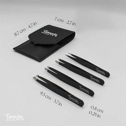 TWEEZIA Stainless Steel Tweezer Set - 4 Precision Tweezers with Mirror & Leather Case - Ideal Eyebrow Kit, Ingrown Hair Tweezers, Splinter Removal Kit or Pointed Tweezers for Beauty and Personal Care