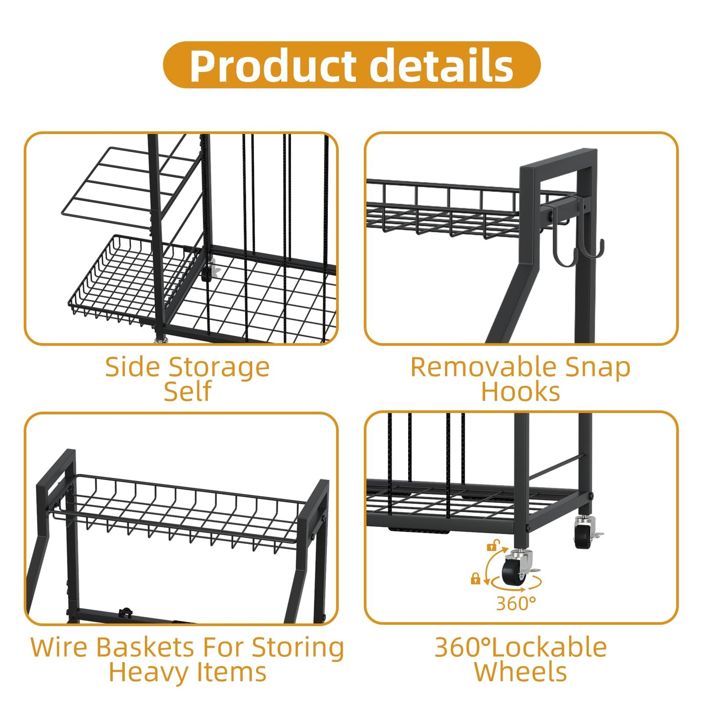 hanmir Ball Storage Rack for Garage, Rolling Sports Ball Organizer with Wheels, Baskets and Hooks, Sports Equipment Storage for Basketball Soccer Football, Garage Organizer (Black)