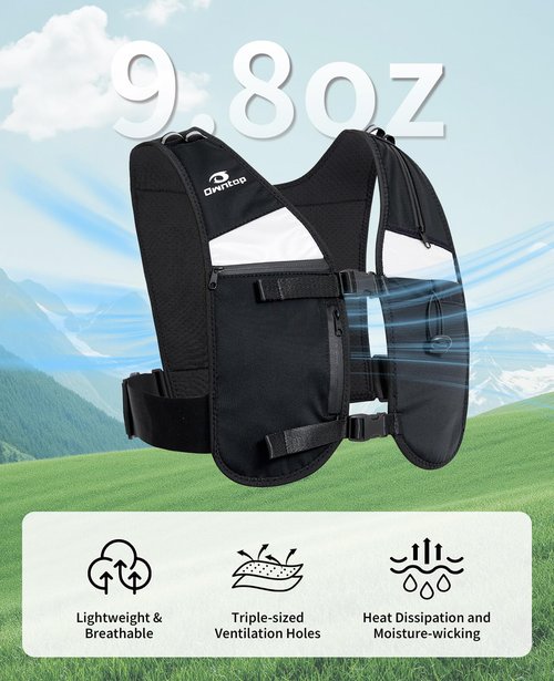 Owntop Running Hydration Vest Backpack for Women Men with Phone Holder 6 Pockets, for 2L Water Bladder 500ml Bottle, Reflective Lightweight Adjustable Pack for Hiking Trail Marathon Race Cycling Black