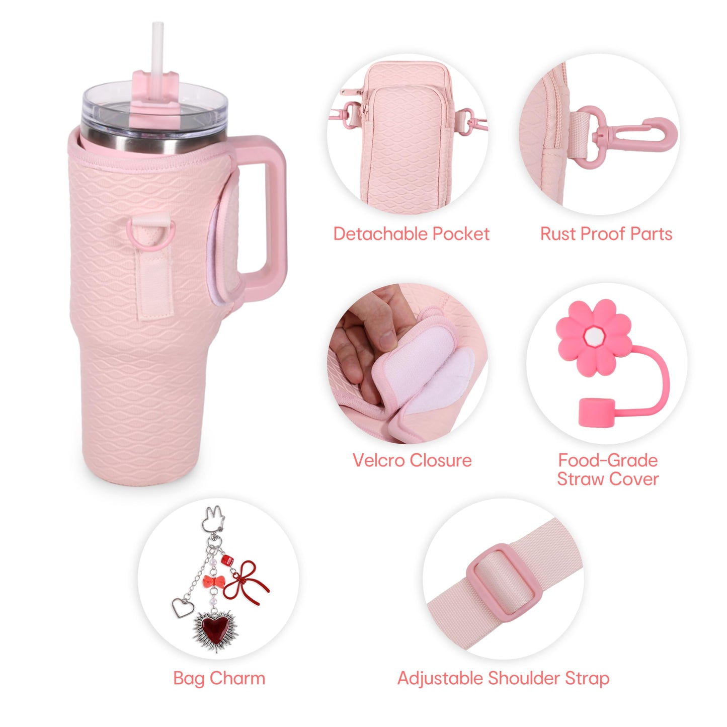 &And Per Se Water Bottle Shoulder Bag for Women, Neoprene Carrier with Phone Pocket & Pink Charm, Adjustable Crossbody Strap Fits Stanley 30oz Tumblers, Gift for Her (Pink)