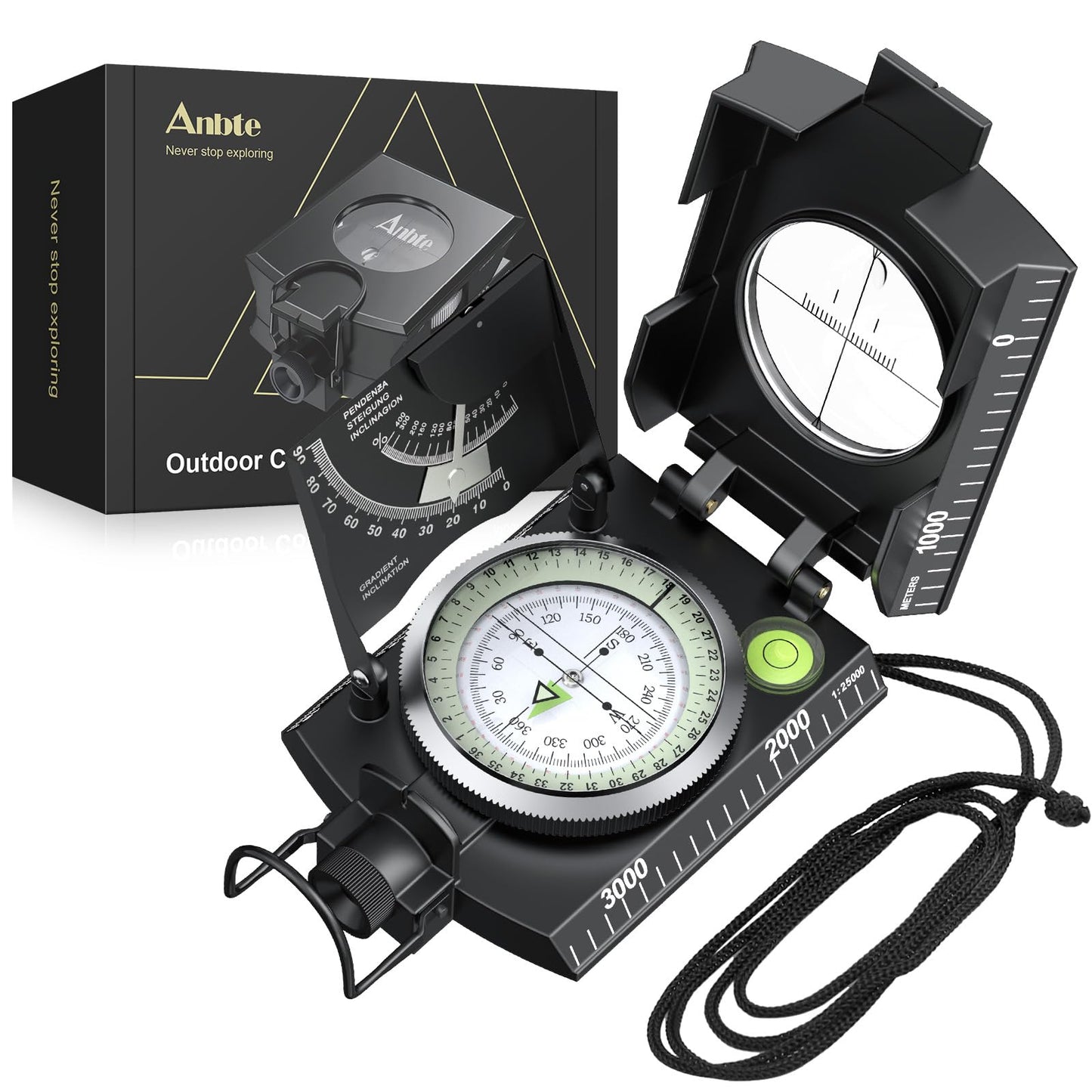 Anbte Compass Hiking Survival, IP65 Waterproof Metal Compass with Sighting Clinometer and Carry Bag, Multifunctional, Professional, for Camping Hunting Hiking Navigation, Black