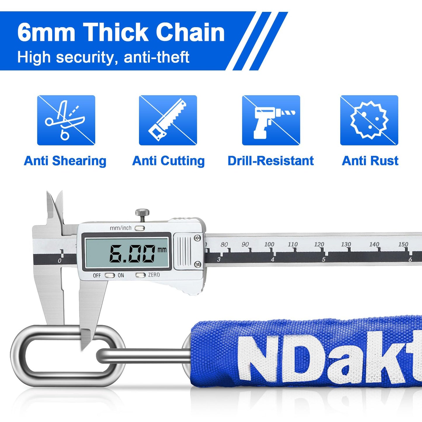 NDakter Bike Chain Lock, 5 Digit Combination Heavy Duty Anti Theft Bicycle Chain Lock,2.62/3.2/4.27/5/6Ft Long Security Resettable Bike Locks for Bike, Bicycle, Scooter, Door, Gate, Fence-4/6mm Thick