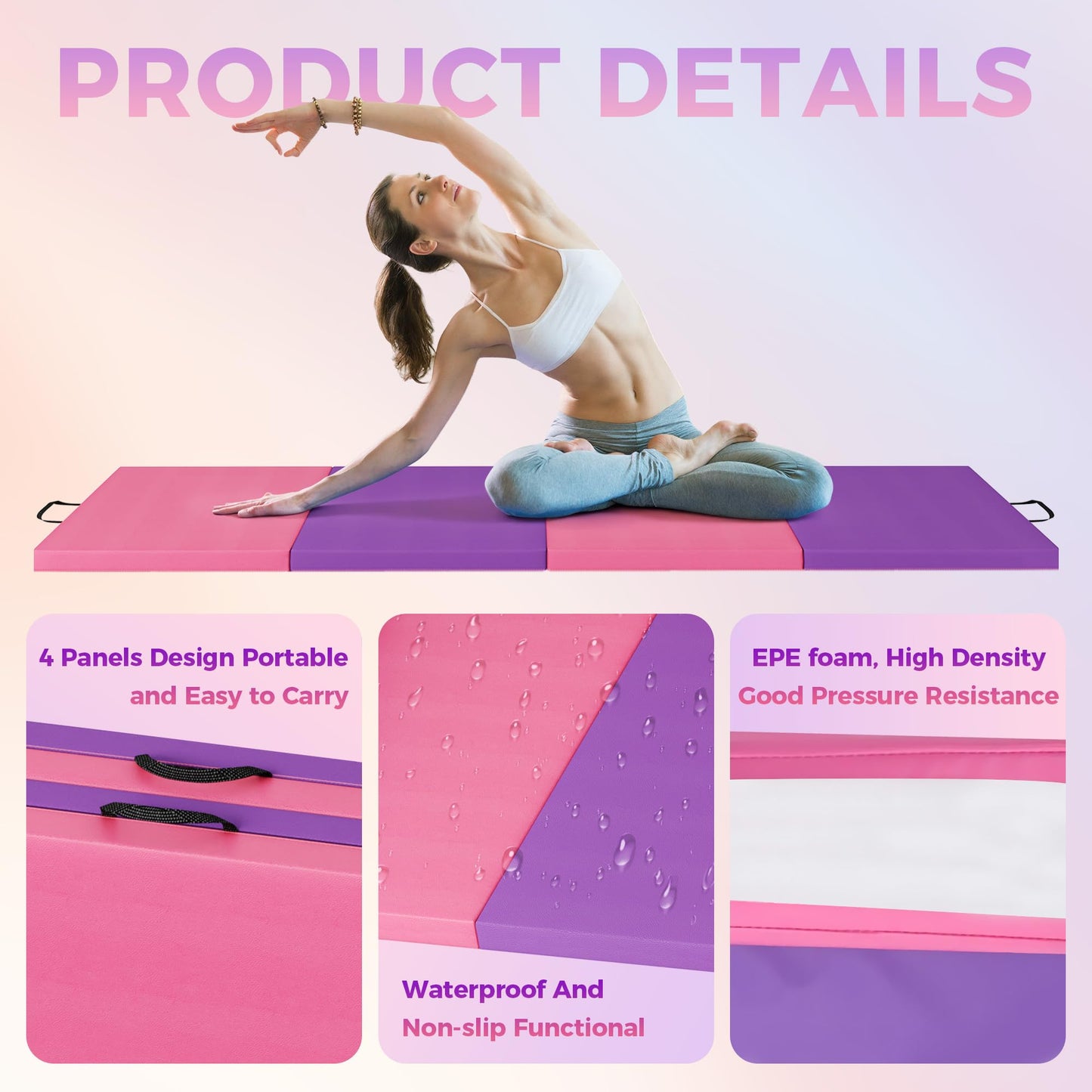 GarveeLife Folding Gymnastics Mat, Exercise Mats & Gymnastics Tumbling Mats, Thick Portable Home Gym Floor Pad for Yoga, Pilates, Aerobics & Martial Arts Training, Four Pads Folding design