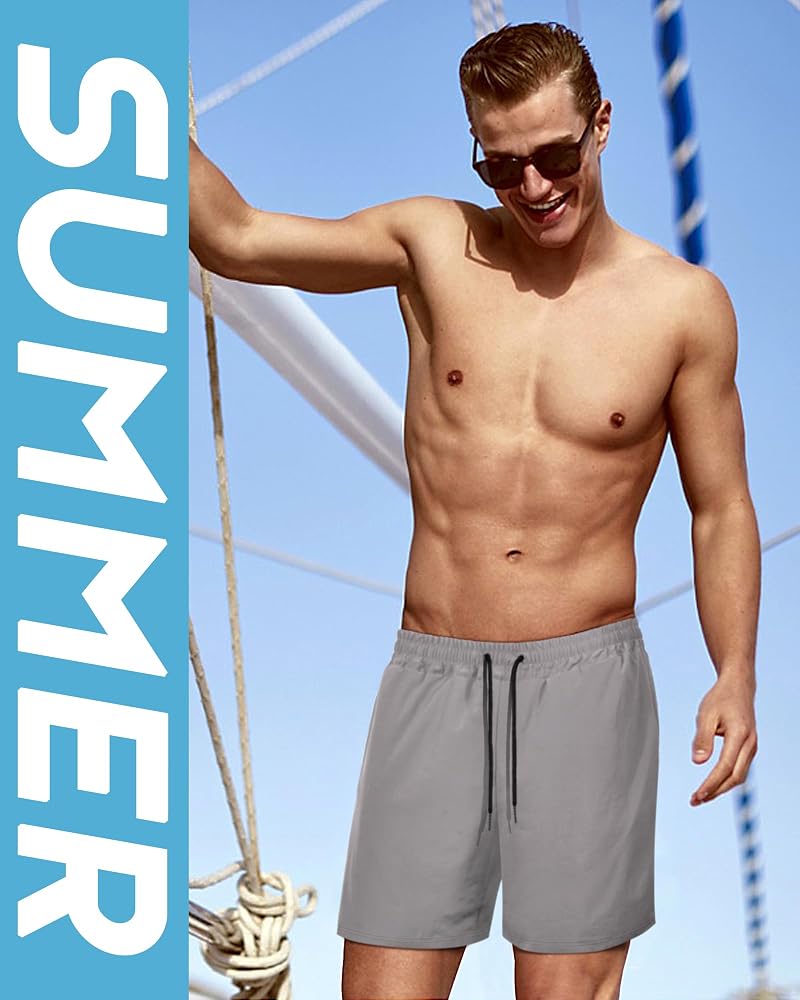 Men's Swim Trunks with Pockets, Quick Dry 7" Inseam Bathing Shorts – Gray