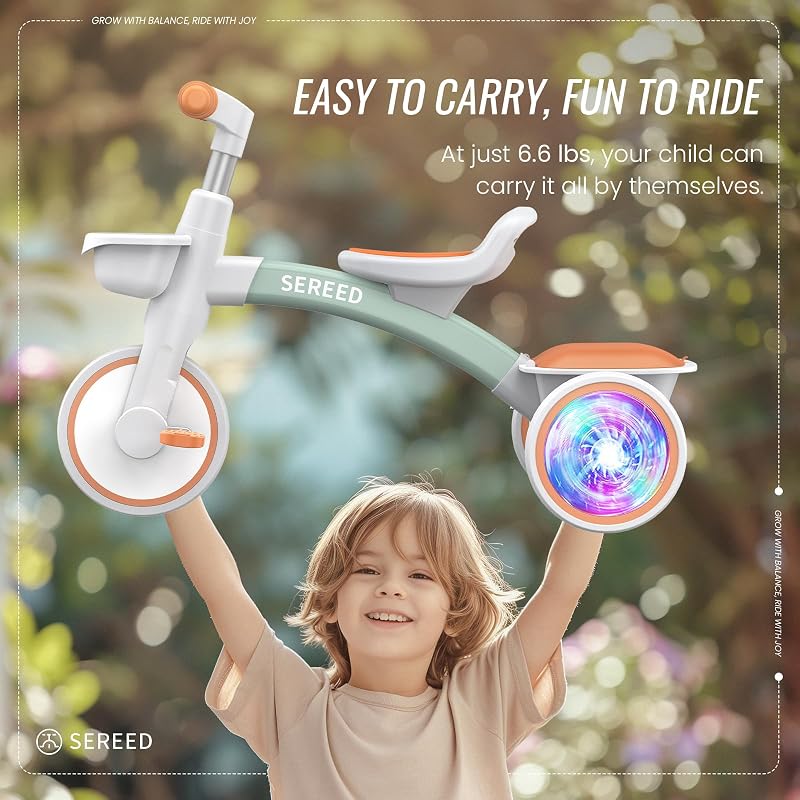 SEREED Colorful Light-Up Tricycle for Kids Ages 2-5 — Green, 3-Position Seat