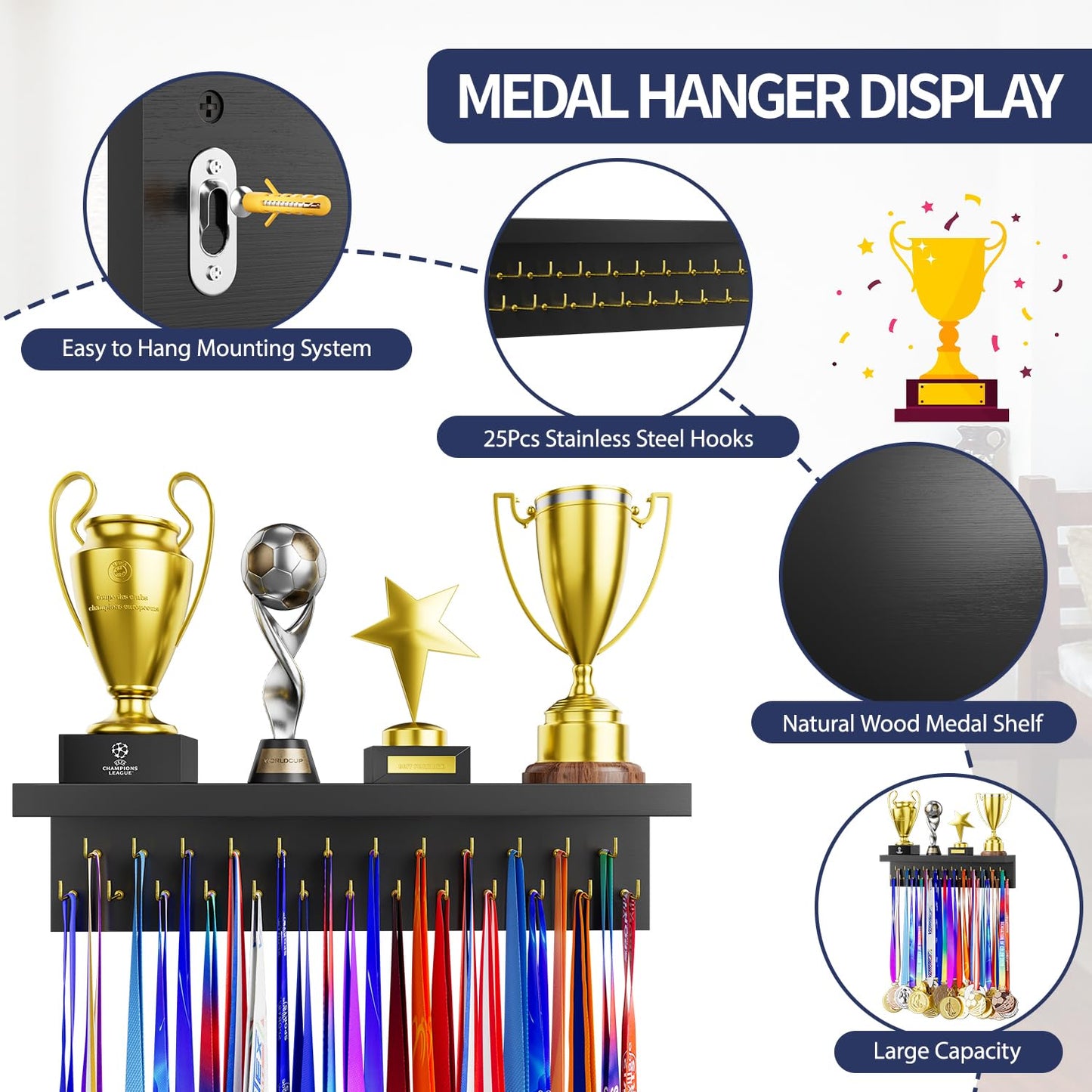 DSVENROLY Medal Holder Display Trophy Shelf Organizer, Sturdy Wooden Race Award Hanger Rack with 25 Steel Hooks, Wall Mount Storage Stand for Sports Fans, Cheer Success, Black