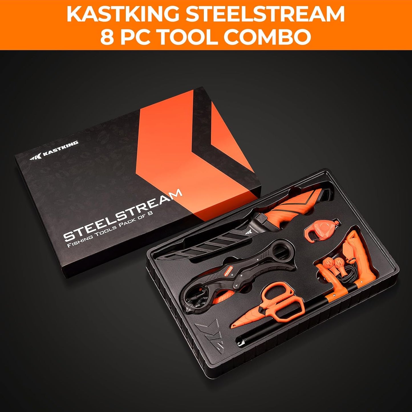 KastKing SteelStream 8pc Fishing Tool Kit - Fishing Pliers with Lanyard, Fillet Knife, Floating Fish Lip Gripper, Fishing Braid Scissors, Tool Retractor, Fishing Hook Remover, Bungee Cords