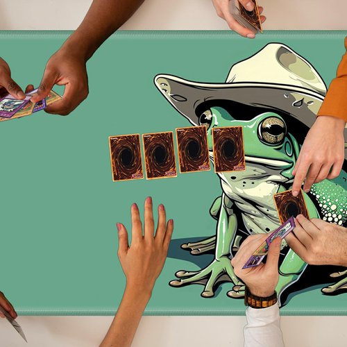 TCG Playmat Board Game Mat Plus 50 Pcs Card Sleeves, 24 x 14 Table Mats Game Mousepad with Soft Surface Non-Slip Base for MTG RPG CCG Trading Card Game Playmats, Green Frog