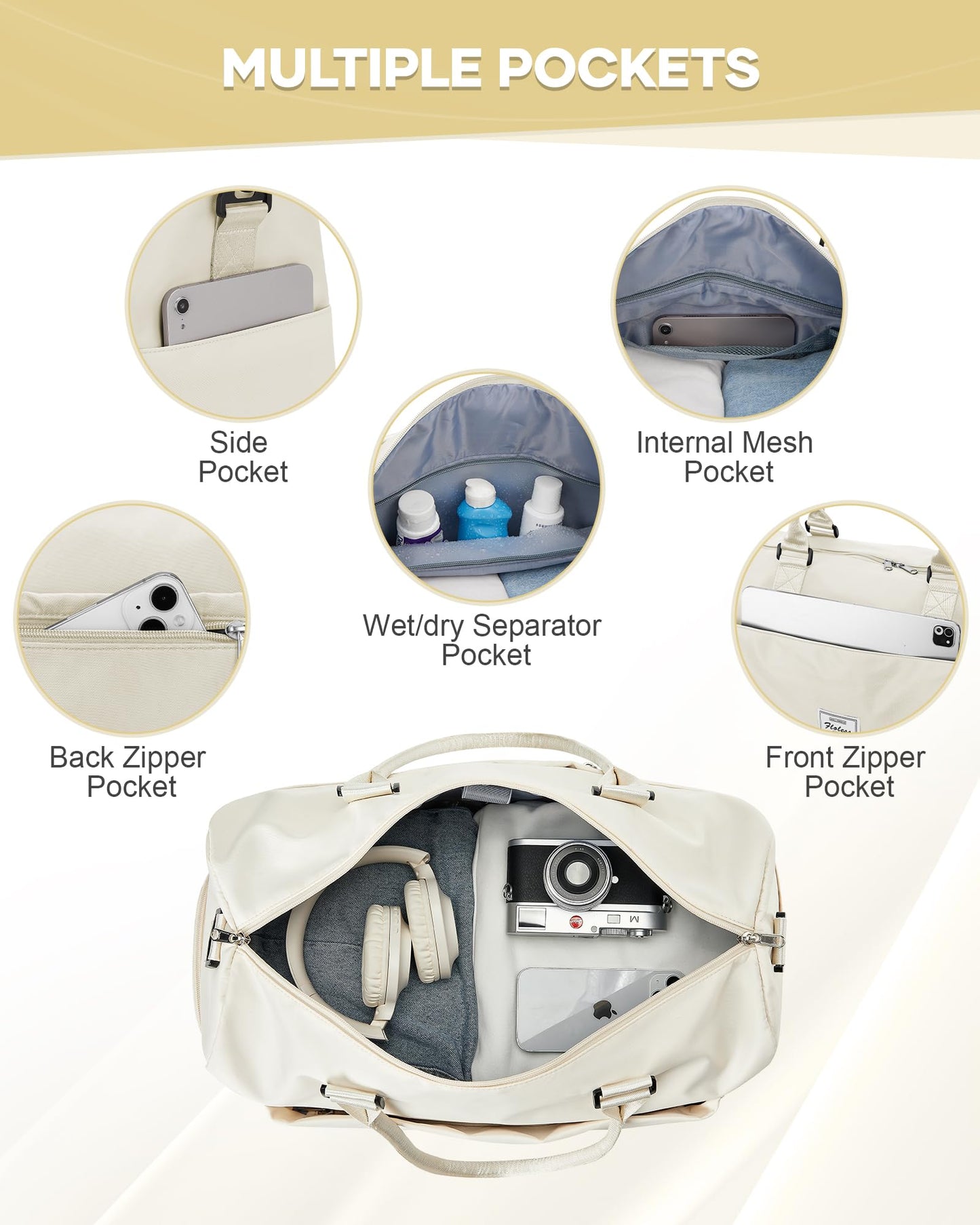 Gym Bag for Women Men Duffle Bags for Travel with Shoe Compartment Shoulder Weekender Overnight Carry on Tote Bags for Airplane Beach Bag Workout Yoga Sport Swimming Cream White