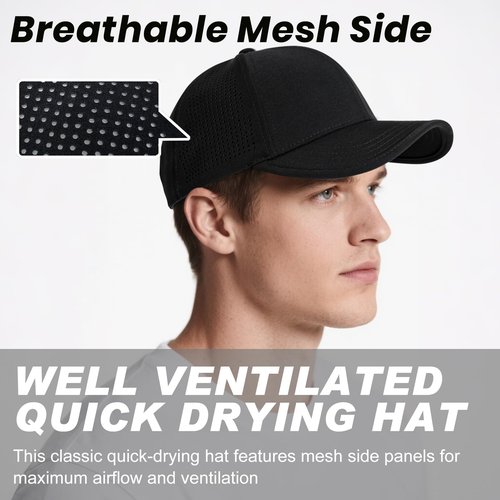 BOTVELA Men Structured Baseball Cap Side Laser Cut Vented Performance Hat for Outdoor Activities (Black)
