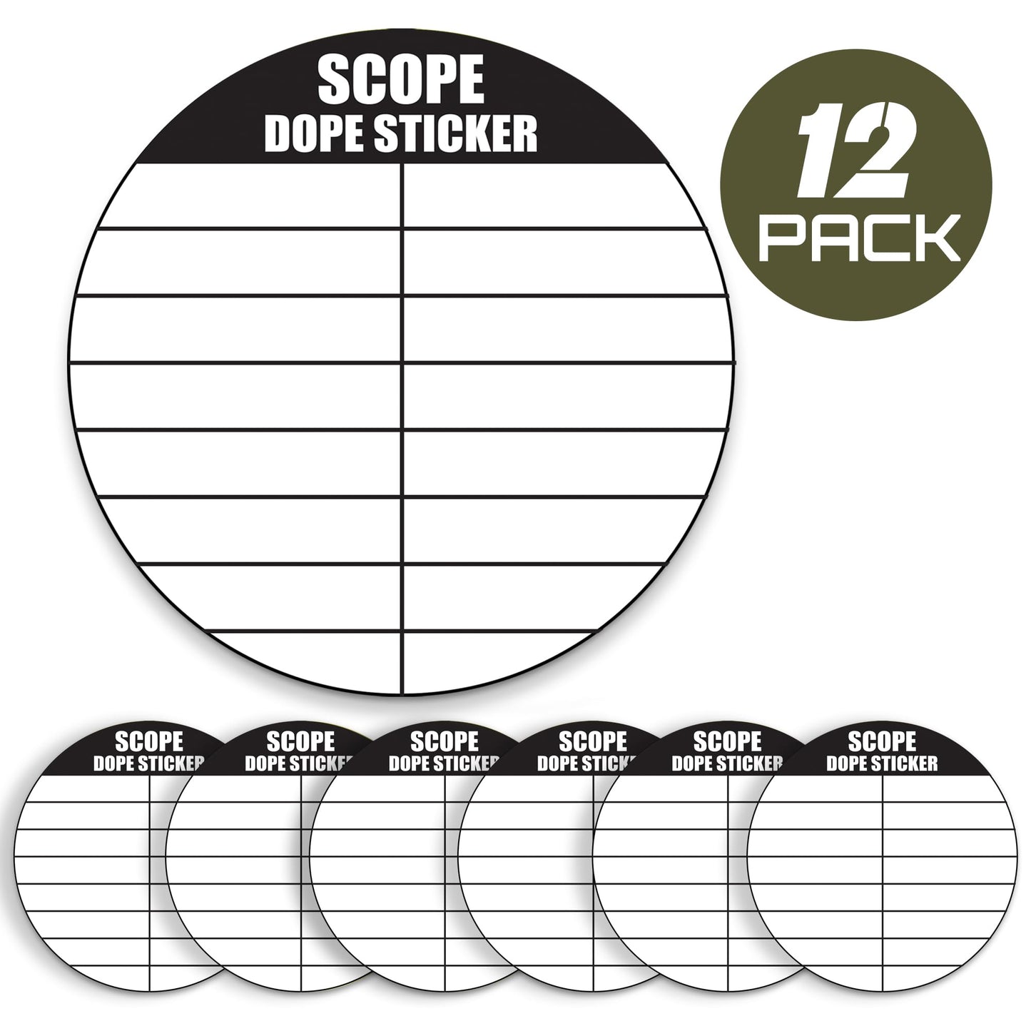 12 Pack Writable Scope DOPE Sticker for Long-Range Shooting- Scope Sticker Can Be Used with Range Card and Dope Cards for Shooting -1.5 Inch Diameter- Fits Most Scope Caps - Made in The USA