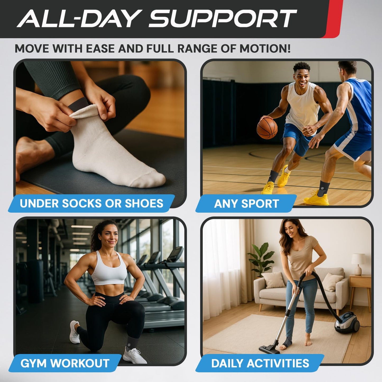 Sleeve Stars Ankle Brace for Women & Men, Ankle Wrap for Sprained Ankle, Compression Sleeve for Plantar Fasciitis Relief, Easy Customizable Support: w/Removable Strap (Pair/M:10"-12"/Black)